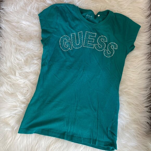 Green Guess t-shirt rhinestone embellishments Size L - Picture 1 of 4